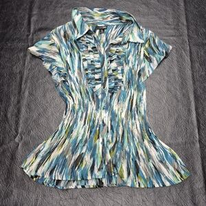 Blue Multi-Print Ruffled Button-Front Women's Top